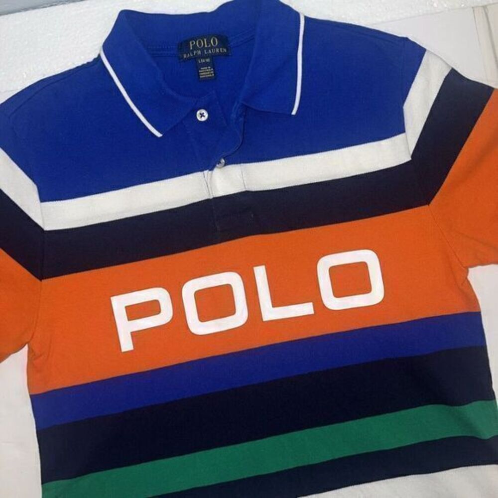 Polo Ralph Lauren POLO Spellout Kid's Green Blue Orange Stripe Polo Shirt Large
